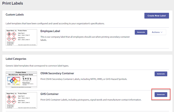 Screenshot of Print Labels page for a product with the Generate button for the GHS Container Label marked with a red box to show where to click on the screen